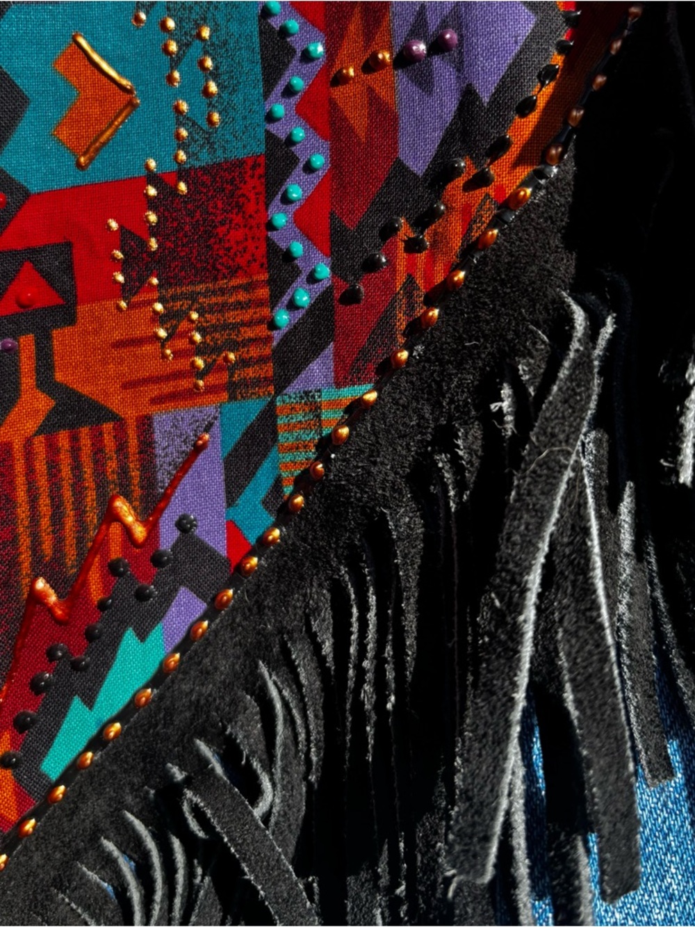 Vintage Denim Jacket with Colorful Aztec Pattern and Black Fringe - Picture 4 of 5
